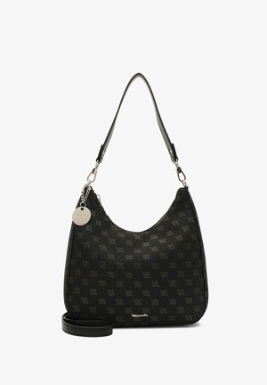 Sac à main noir avec motif logo TL sur l'ensemble, fermeture éclair argentée, médaille ronde argentée, poignée courte, et bandoulière longue amovible.