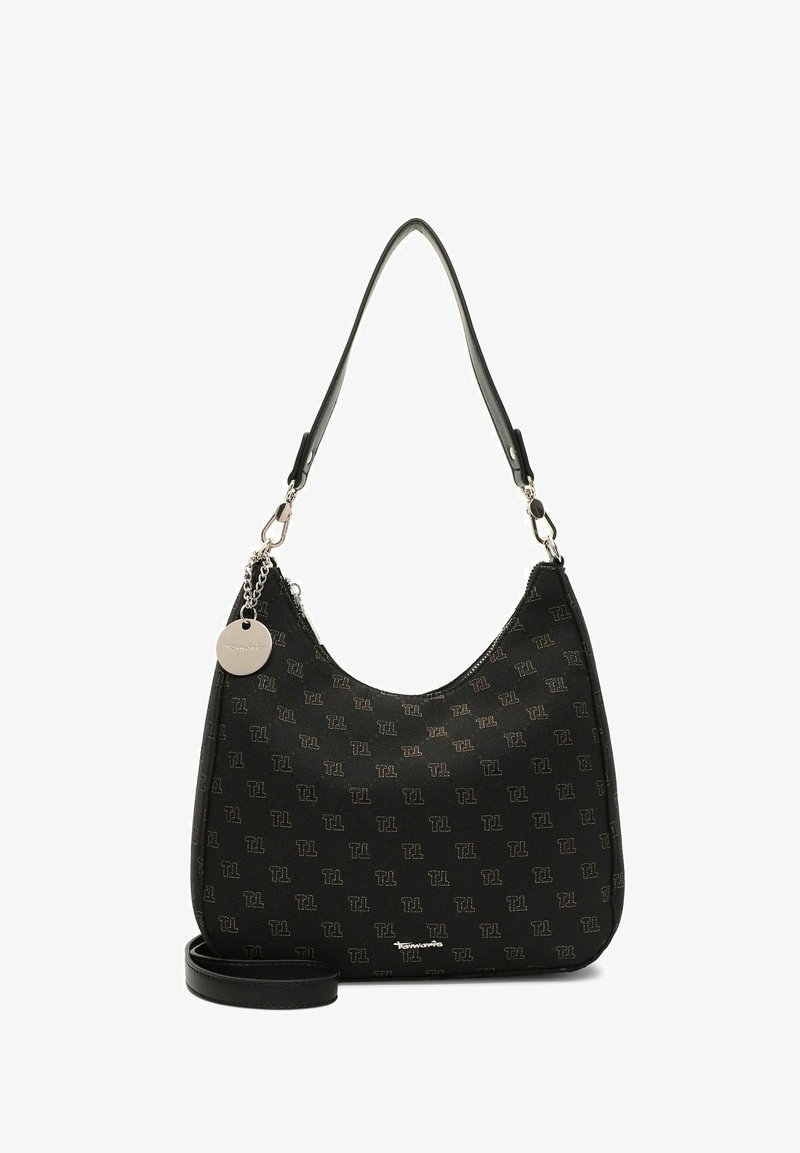 Sac à main noir avec motif logo TL sur l'ensemble, fermeture éclair argentée, médaille ronde argentée, poignée courte, et bandoulière longue amovible.