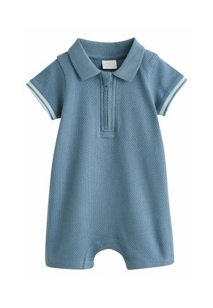 Romper a maniche corte in tessuto blu testurizzato, con colletto, patta con bottoni e accenti a righe sulle maniche.