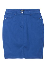 Blauwe denimrok met een aansluitend ontwerp, vijf zakken, een knoopsluiting aan de voorkant en subtiele stikseldetails langs de zoom.