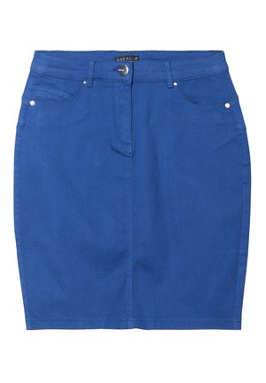 Blauwe denimrok met een aansluitend ontwerp, vijf zakken, een knoopsluiting aan de voorkant en subtiele stikseldetails langs de zoom.