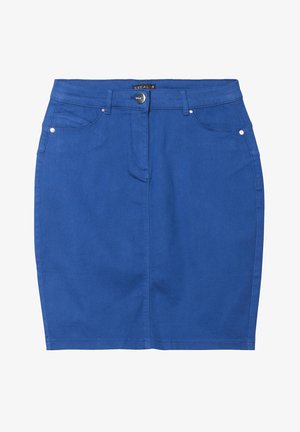 Blauwe denimrok met een aansluitend ontwerp, vijf zakken, een knoopsluiting aan de voorkant en subtiele stikseldetails langs de zoom.