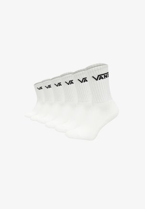 Calcetines de algodón blancos de tipo crew con textura acanalada y un logo negro de "VANS" en el puño. Cinco pares expuestos en vista frontal.