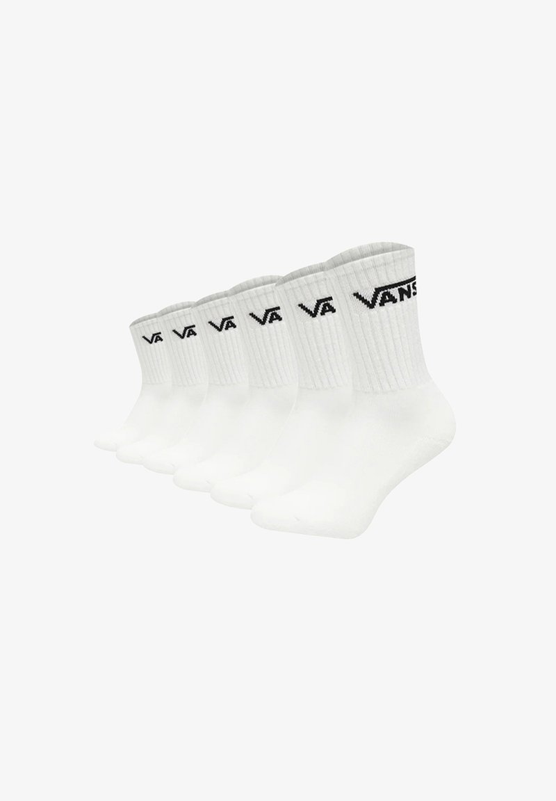 Calze corte bianche in cotone con texture a coste e logo nero "VANS" sul polsino. Cinque paia esposti in vista frontale.
