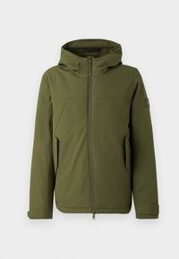 Olivgrüne Jacke mit Kapuze, ausgestattet mit einem Frontreißverschluss, schrägen Nähten, Seitentaschen und einem Logo-Akzent am Ärmel. Glatte Textur.