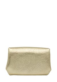 Pochette rectangulaire métallique dorée avec une surface légèrement texturée et un fond plat, debout sur un fond blanc.