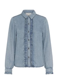 Camisa de mezclilla en azul claro con tapeta fruncida en el frente, cierre de botones y puños fruncidos. Cuenta con un cuello clásico y textura suave.