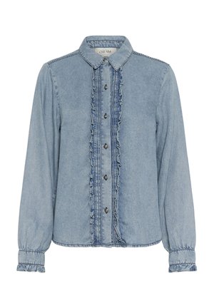 Jeansa srajca svetlo modre barve z naborki na sprednji zaponki, zapiranjem na gumbe in nabranimi manšetami. Ima klasien ovratnik in mehak otip.