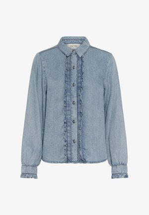 helehall sinise värvusega teksasärk volditud eesplokiga, nööpidega ja kogutud mansettidega. Omab klassikalist kraed ja pehmet tekstuuri.