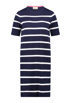 Navyblauwe jurkje met korte mouwen en horizontale witte strepen. Voorzien van een ronde hals en een naadloos ontwerp. De stof heeft een gladde textuur.