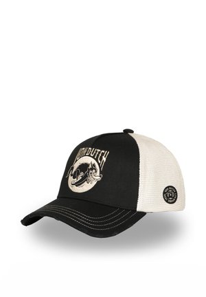 Casquette camionneur noir et blanc avec logo Von Dutch représentant un oiseau volant stylisé à l'avant, visière courbée et panneaux arrière en mesh.
