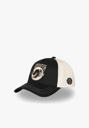 Casquette camionneur noir et blanc avec logo Von Dutch représentant un oiseau volant stylisé à l'avant, visière courbée et panneaux arrière en mesh.