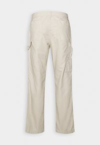 Pantalon cargo beige clair avec poches arrière et poche latérale à rabat, coupe droite, vu de dos sur fond blanc uni.