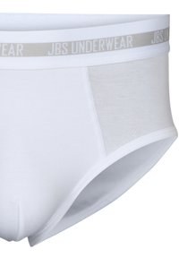 Slip bianchi da uomo con una cintura grigia che presenta il logo "JBS UNDERWEAR" e cuciture rinforzate sul tessuto.