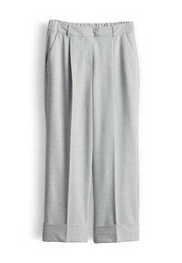 Hellgraue Hose aus strukturiertem Stoff, mit lockerer Passform, zwei vorderen Taschen und umgeschlagenen Säumen.