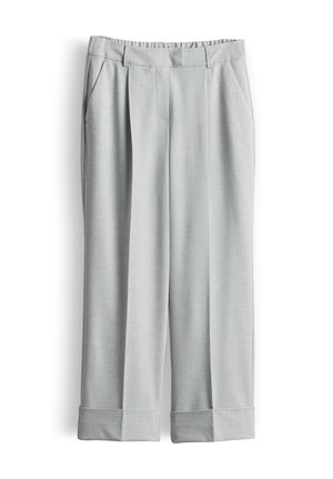 Hellgraue Hose aus strukturiertem Stoff, mit lockerer Passform, zwei vorderen Taschen und umgeschlagenen Säumen.