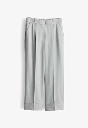 Hellgraue Hose aus strukturiertem Stoff, mit lockerer Passform, zwei vorderen Taschen und umgeschlagenen Säumen.