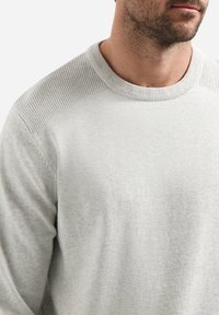 Lichtgrijze crewneck trui met een textuur van ribbels op de schouders en een gladde stof, gemaakt van zacht materiaal met een relaxte pasvorm.