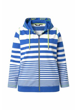 Niebiesko-biała bluza z kapturem na zamek, z kapturkiem, żółtymi sznureczkami i gradientowym wzorem pasków zwężającym się ku dołowi.