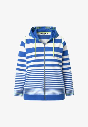 Modrá a bílá pruhovaná mikina na zip s kapucí, žlutými šňůrkami a přechodem proužků zužujícím se směrem dolů.