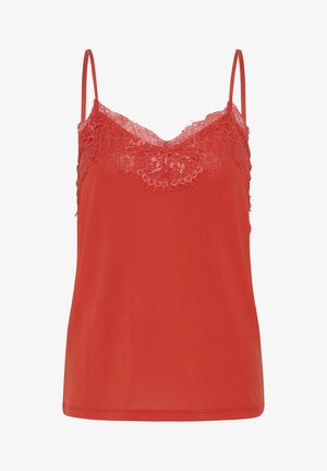 Camisole rouge sans manches avec bordure en dentelle le long du décolleté en V et fines bretelles réglables.