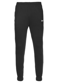 Svarta Nike sweatpants med elastisk midja och muddar, med en vit Nike swoosh-logga på höger lår.