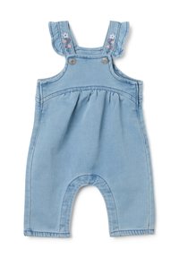 Overoles de mezclilla en azul claro con cintura fruncida, tirantes ligeros y adornos de bordado floral en el hombro. Presenta cierres de botones a presión.