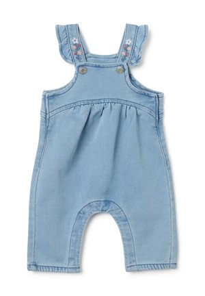 Overoles de mezclilla en azul claro con cintura fruncida, tirantes ligeros y adornos de bordado floral en el hombro. Presenta cierres de botones a presión.