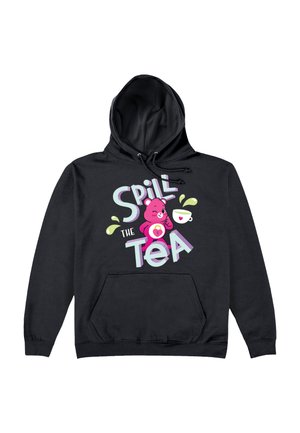 Sort hætte sweatshirt med en frontlomme og snoretræk. Features et farverigt print af en lyserød bjørn og teksten "Spill the Tea."