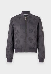 Chaqueta bomber gris oscuro con un sutil patrón de logo, puños y collar de canalé, cremallera frontal y un bolsillo con cremallera lateral.