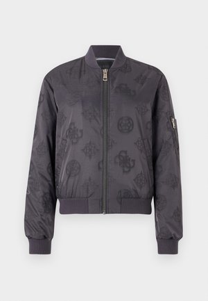 Casaco bomber cinza escuro com um padrão de logotipo subtil, punhos e colarinho canelados, fecho de correr na frente e um bolso lateral com fecho de correr.