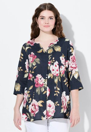 Ulla Popken FLORAL 3/4 SLEEVE SPLIT NECK  - Blůza - marine