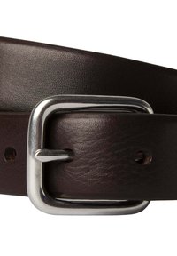 Dark brown leather belt with a silver metal buckle, featuring a textured finish and several holes for sizing. Simple design, practical hardware.