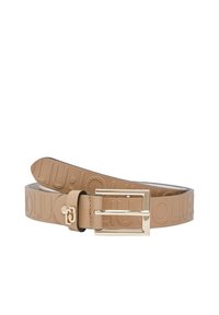 Ceinture en cuir beige avec un motif logo en relief, dotée d'une boucle rectangulaire brillante dorée et d'une sangle ajustable assortie.