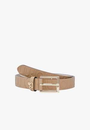 Ceinture en cuir beige avec un motif logo en relief, dotée d'une boucle rectangulaire brillante dorée et d'une sangle ajustable assortie.