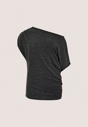Top asimmetrico nero realizzato in tessuto testurizzato con un motivo delicato, maniche corte e dettagli arricciati su un lato.