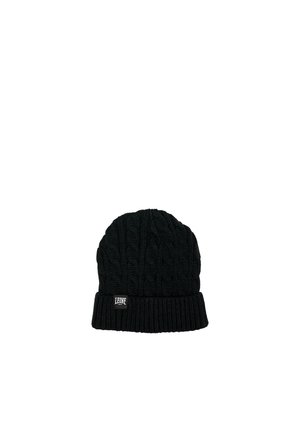 Bonnet noir en maille côtelée, avec un revers et un petit écusson au logo Leone, sur fond blanc.