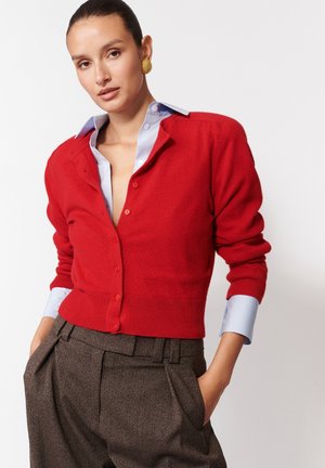 Czerwony prążkowany kardigan z dekoltem w serek, zapinany na guziki, z prążkowanymi mankietami i dołem. Noszony na jasnoniebieskiej koszuli z kołnierzykiem. Brązowe, wzorzyste spodnie z wysokim stanem.