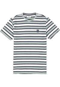 Camiseta de rayas en verde claro, blanco y azul marino. Con cuello redondo, mangas cortas y un pequeño logo cuadrado en el pecho. Tejido suave.