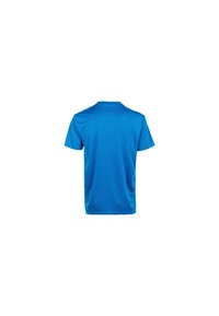 Lyhythihainen sininen T-paita, joka on valmistettu sileästä kankaasta ja jossa on pyöreä kaula-aukko sekä yksinkertainen, saumaton takasuunnittelu.