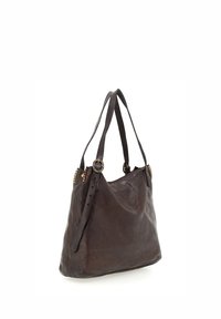 Borsa a tracolla in pelle marrone con superficie testurizzata, doppi manici e dettagli in metallo circolare. Design spazioso con silhouette morbida e rilassata.
