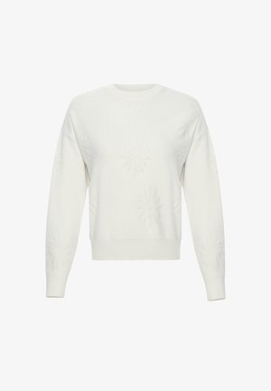 Maglione bianco lavorato a maglia con maniche lunghe, scollo rotondo e motivi floreali in rilievo sulla parte anteriore per texture e interesse visivo.