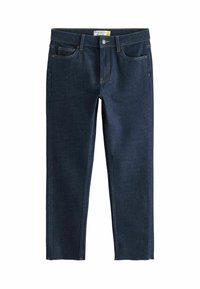Pantalones vaqueros de denim azul oscuro con un corte relajado y slim, que cuentan con cinco bolsillos, un cierre de botón y costuras visibles a lo largo de las costuras.