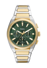 Gold and silver metal watch with a green textured dial, gold accents, luminous hour markers, and three sub-dials. Stainless steel strap.