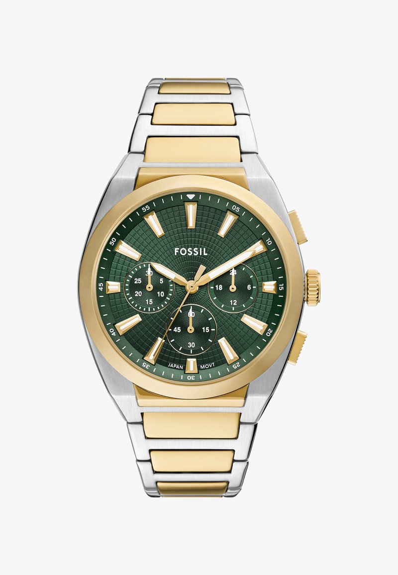 Gold- und Silbermetall-Uhr mit einem grün strukturierten Zifferblatt, goldenen Akzenten, leuchtenden Stundenmarkierungen und drei Nebensubdials. Armband aus Edelstahl.