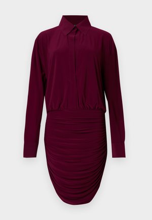 Bordo obleka z ovratnikom, dolgimi rokavi in nabranim, gubananim krilom. Gladek tekstura in oprijeta zasnova z elastičnim pasom.