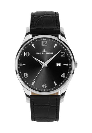 Herreur fra Jacques Lemans med sort læderrem, sort urskive, sølv timeindikatorer, datovisning kl. 3 og tre viser, der viser 10:10:35.