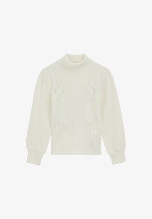 Fehér bordázott garbó pulóver hosszú puffujjakkal és szűk passzékkal, puha kötött anyagból, finom textúrájú mintázattal.