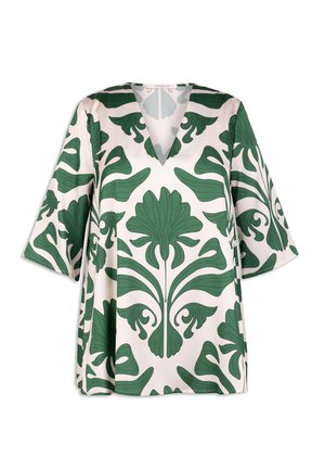 Green and white patterned blouse with a V-neck, short sleeves, and floral designs on a smooth fabric. No visible fasteners or accents.