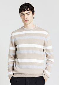 Maglione a righe da uomo in beige, grigio e bianco. Tessuto morbido, scollo rotondo e polsini a coste. Le righe orizzontali variano in larghezza.